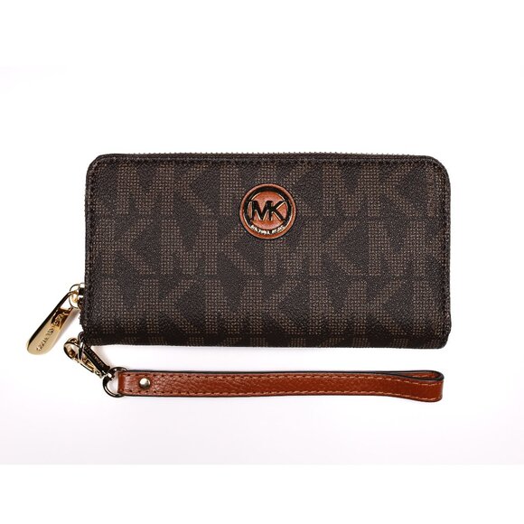 NIB MICHAEL KORS MK LOGO FULTON BROWN PHONE WALLET MSRP $158 / GIFT BAG & BOX - Picture 1 of 7